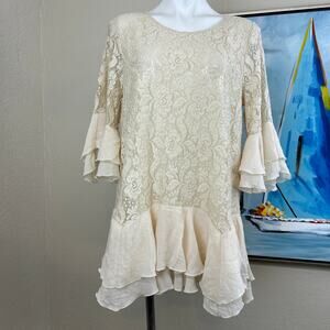 Paisley Vine Tunic Blouse Boho Ruffles and lace size Large